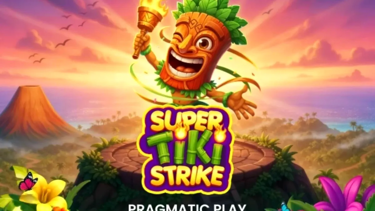 Interface do jogo Super Tiki Strike com tema tropical e vulcão ao fundo